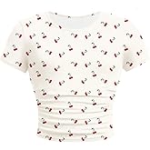 SweatyRocks Girl's Cherry Print Ruched T Shirt Short Sleeve Cute Tee Crop Tops