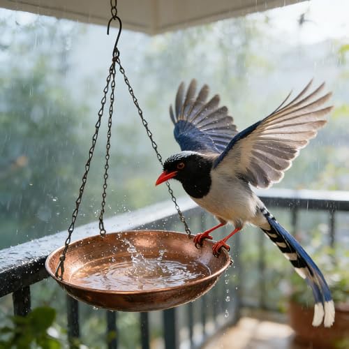 Beafaeur Bird Drinker, Hanging Bird Bath, Bird Bath Outdoor Water Trough (ø 30 cm), with 5 Legs Anti-Tip Base and Chain, Freestanding Bird Baths for Garden Balcony