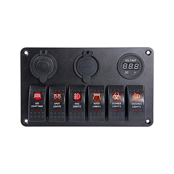 Proelectric-Red-LED-Light-1-Waterproof-MarineBoat-Car-Switch-Panel-6-Gang-USB-Charger-Voltage-Indicator-Power-Socket-5-pin-On-Off-Rocker-Switch