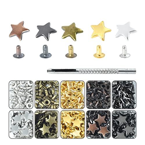 200Sets Assorted 12mm Star Cap Leather Rivets Kit, Tubular Metal Rivets with Punch Tool for Leather Fabric Clothing Bags Pets Collar Keychain DIY Crafts Accessories