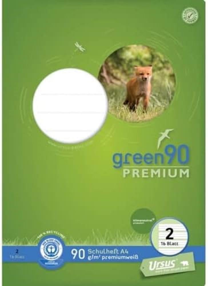 Staufen Green Learning to Write Book - DIN A4, Line Style 2 (4/4/4 mm Lined, Coloured Lined Ruling), 16 Sheets, Premium White 90 g/m² Recycled Paper, Round Corners Prevent "Donkey Ears", Pack of 1