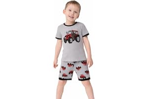 QHKIDS Boys Excavator Pajamas Set, 95% Cotton Summer Construction Truck Sleepwear, 2-Piece Short Sleeve PJs, 2-7 Years