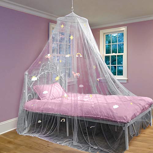 White Bed Canopy for Girl with Glow in The Dark Unicorns, Stars and Rainbows | Fits Single, Twin, Full, Queen Size Bed…