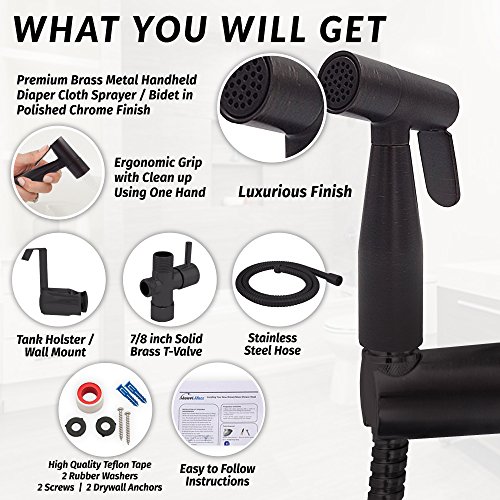 ShowerMaxx Premium Cloth Diaper Sprayer - Adjustable Handheld Toilet Bidet Water Cleaner - Complete Set with Hose, T-Valve, Tank/Wall Mount & Plumber's Tape - Oil Rubbed Bronze- Easy to Install & Use