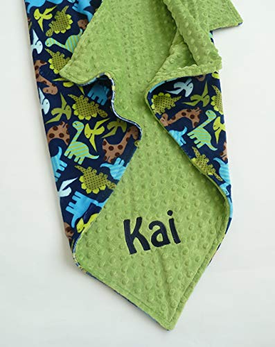 Personalize Double Minky Baby Blanket - Dinosaur Minky Front, You Choose SOLID COLOR minky