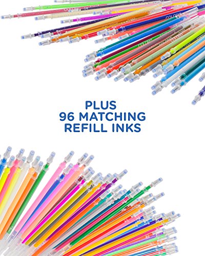 ColorIt 96 Gel Pens For Adult Coloring Books - 2 Travel Case Gel Pen Sets with 72 Glitter, 12 Metallic, 12 Neon Plus 96 Matching Colored Gel Ink Refills