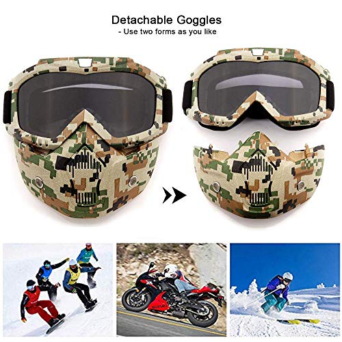 FOONEE Motorcycle Helmet Mask, Retro Motocross Goggle with Removable Face Mask UV400 Detachable Fog-Proof Warm ATC Goggles for Racing Airsoft Riding
