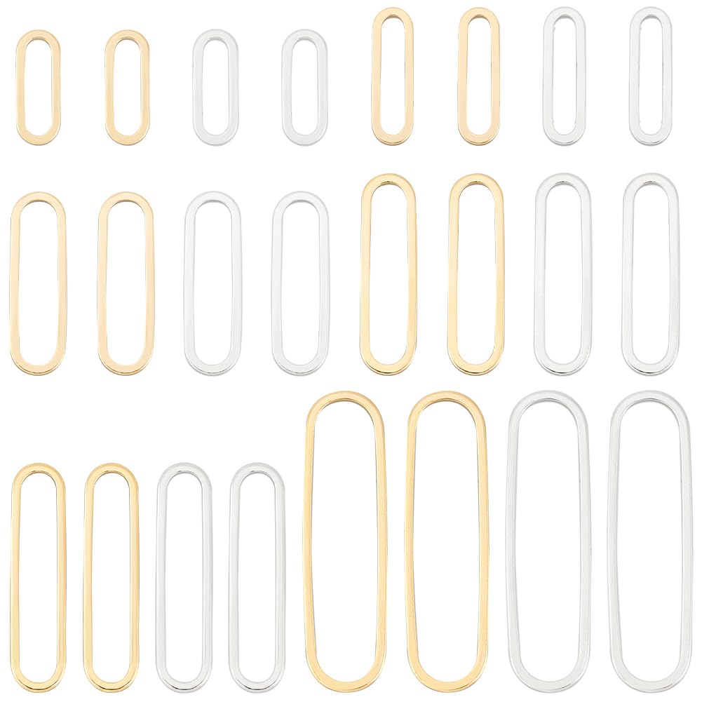 BENECREAT 24PCS Real 24k Gold Plated and 925 Silver Plated Brass Linking Rings, 12 Styles of Oval Gold Plated Brass Jewellery Linking Rings for Bracelets, Necklaces