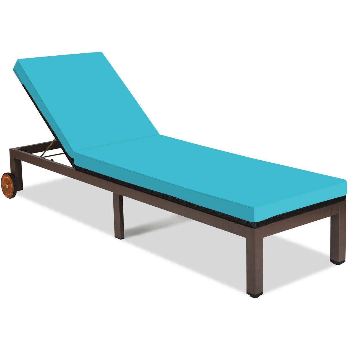 Patio Rattan Lounge Chair Chaise Recliner Back Adjustable W/Wheels Cushioned-Lounge Chairs for Outsi
