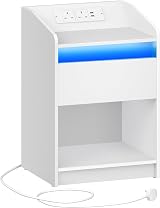 Hzuaneri Bedside Table with LED Light USB Outlets Charging Station White view 9
