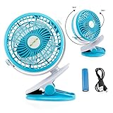 Oct17 Portable Stroller Table Fan Rechargeable Battery USB Mini Battery Operated Clip on Mini Desk Fan for Home Office Baby Stroller Car Laptop Study Gym Camping Tent - Blue