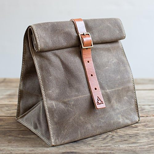 No.215B Waxed Canvas Lunch Tote in Dark Khaki &amp; Bourbon - Made in USA