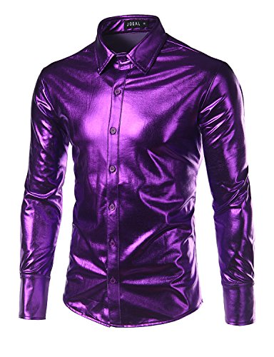 JOGAL Mens Trend Nightclub Styles Metallic Silver Button Down Shirts XX-Large Purple