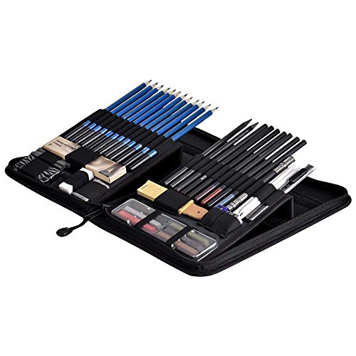 Senrob 48 Pcs Sketch& Drawing Pencil Set with Graphite& Charcoal Pencils, Erasers, Craft Knife, Sketch Book, Zippered Carry Case, Professional Art Kit for Artist, Beginner, Student, Kids & Adults