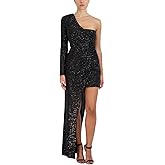 BCBGMAXAZRIA Women's Fitted Floor Length Evening Gown One Long Sleeve Asymmetrical Neck High Low Hem Dress