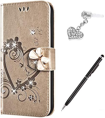 Case for Galaxy S7 Edge Cover,Bling Diamonds Glitter Embossing Love Butterfly Flower Flip Wallet Case PU Leather Stand Card Slots Case Cover+Dust Plug Stylus for Galaxy S7 Edge Wallet Case,Gold