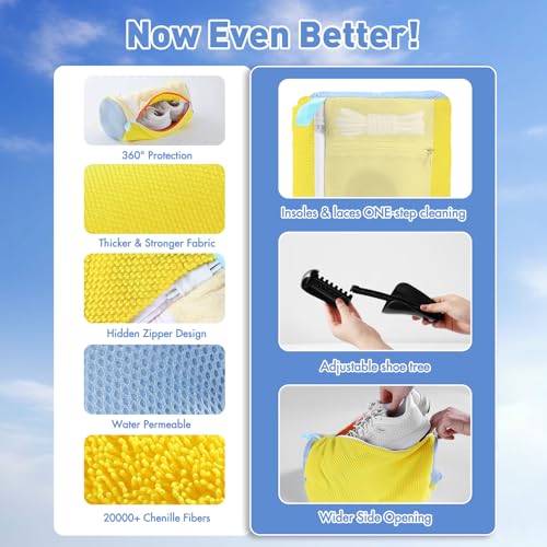 Teletrogy 2 Pieces Washing Machine Shoe Bag – Washing Machine Bag with 360° Cleaning, 3 in 1 Reusable Shoe Washing Bag with Adjustable Size, Hidden Zip, Yellow