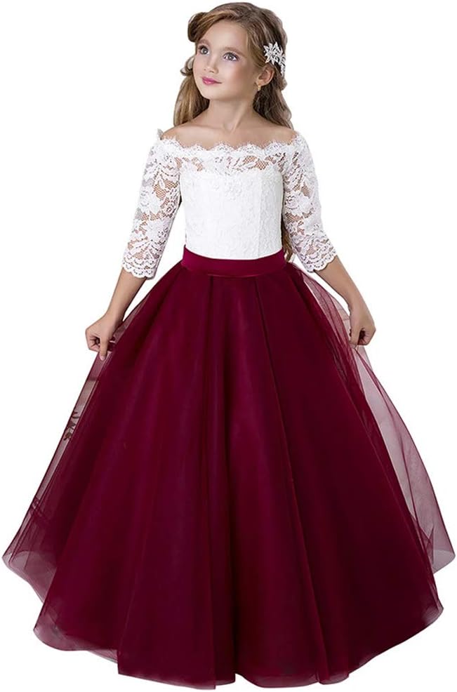 Bobi Bridal Flower Girl Dress Burgundy Tulle Puffy Pageant Dress Ball Gowns with Sleeves Floor Length