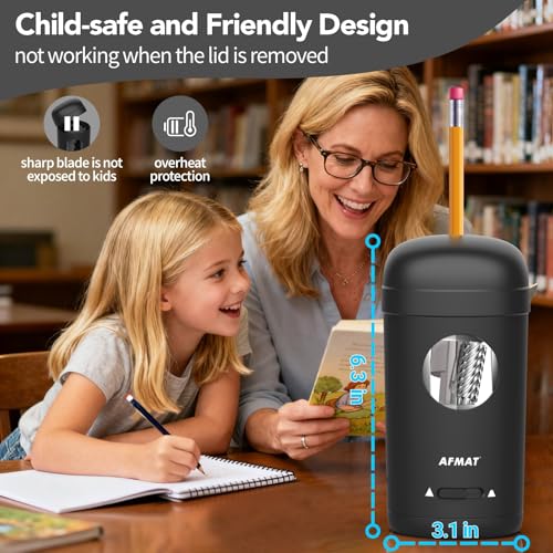 AFMAT Electric Pencil Sharpener, Fully Automatic Pencil Sharpener for 7-8mm Pencils & Colored Pencils, Auto in & Out, Rechargeable Vertical Hands-Free Sharpeners for Classroom/Home/Office PSX7(Black)