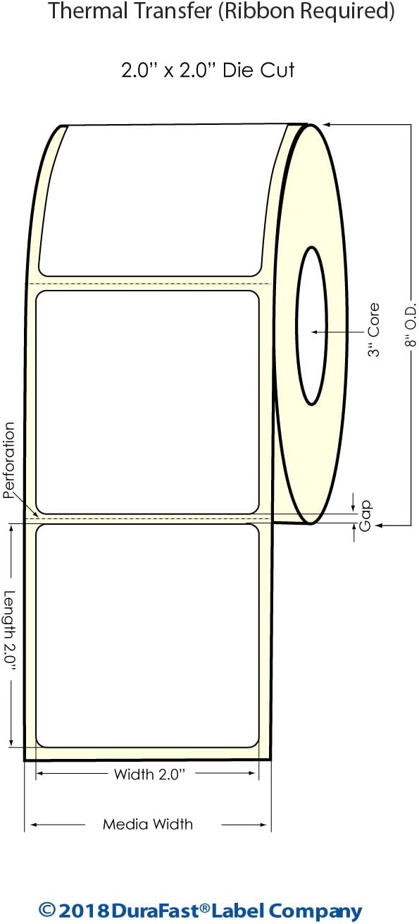 Thermal Transfer Label Paper 2" x 2", 3 Inch Core, 2750 Labels Total