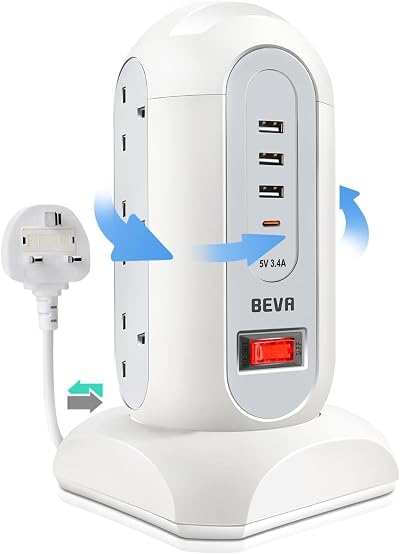 BEVA Tower Extension Lead 9AC 4USB 13-in-1 Surge Protector 1.65m Cord