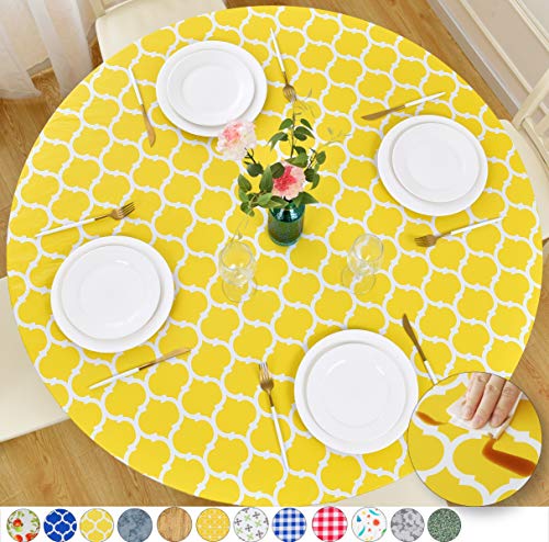 Rally Home Goods Indoor Outdoor Patio Round Fitted Vinyl Tablecloth, Flannel Backing, Elastic Edge, Waterproof Wipeable Cover, Yellow Moroccan Trellis Pattern For 57-72'' Round Table (60, 70 Inches