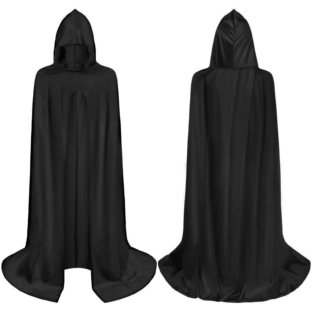 AYBUY Halloween Black Hooded Cape, Full Length Hooded Cloak for Adults, Unisex Wizard Cloak with Hood for Halloween Christmas Fancy Dress Costume, 135CM