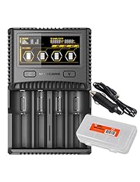 NITECORE SC4 Superb Adaptador Cargador con Salida USB Incluye Cargador de Coche y lumenttac battery Organizador Bundle para 17650 18650 17670 RCR123 A 16340 14500 baterías