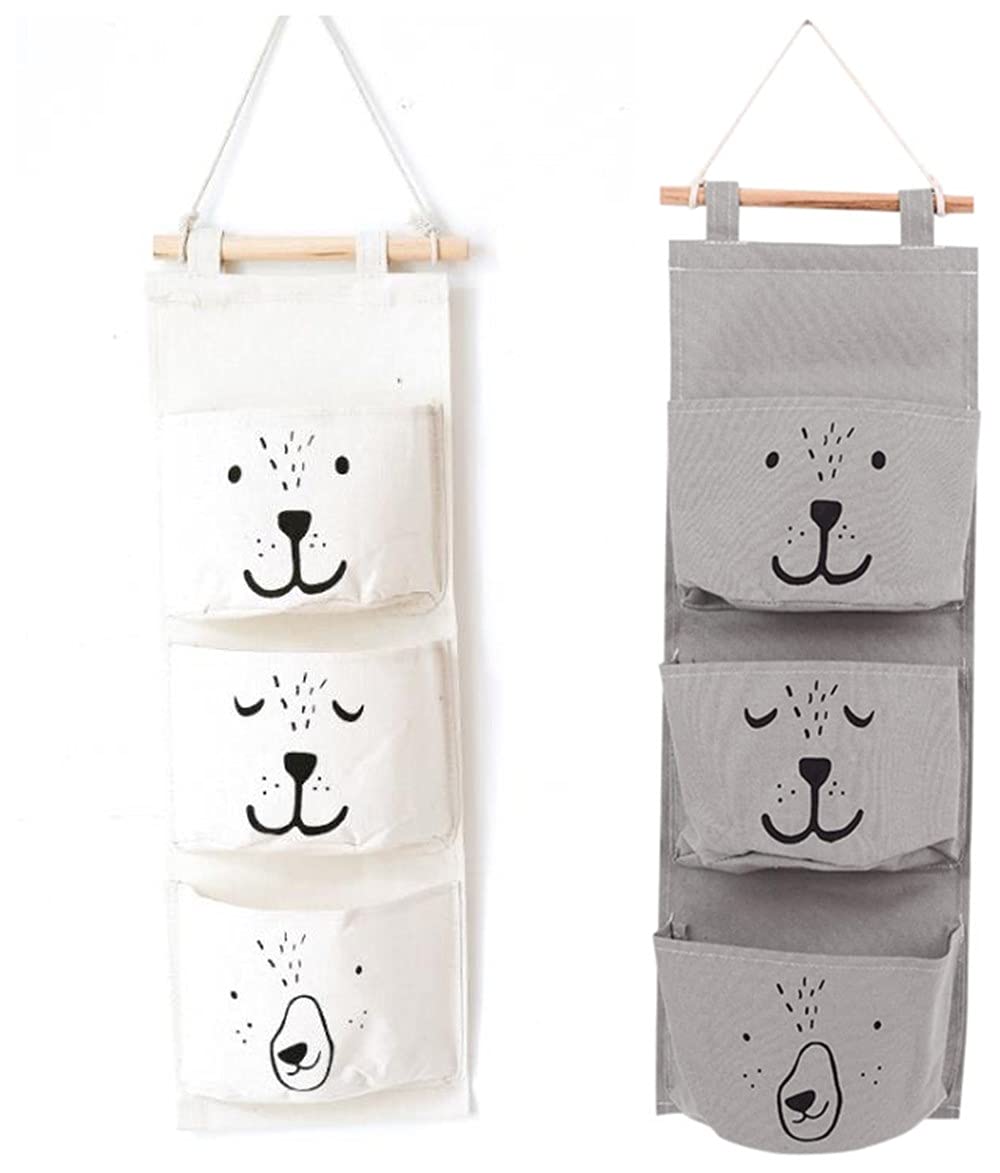 Voarge Hanging Bag Storage Bag Storage Bag Organiser for Hanging with 3 Pockets Nursery Living Room Bear (Mint Green) (Grey)