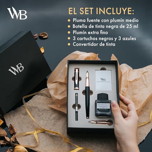 Wordsworth & Black Fountain Pen Set, 18K Gold Plated Medium and Extra Fine Nibs, 25ML Black Bottle, 6 Ink Cartridges, Refill Converter, Smooth Writing [Black and Rose Gold]