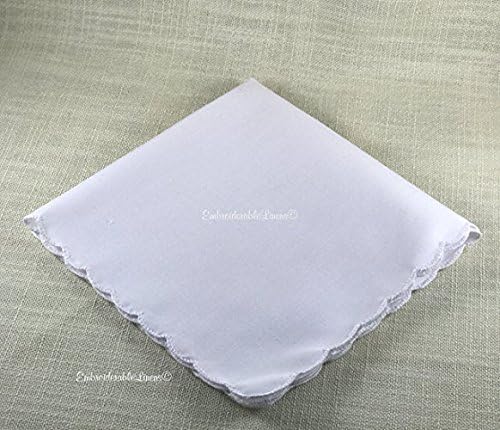 White Handkerchiefs scalloped edge hem. Set of 12. 100% Cotton, 12in x 12in, By EmbroiderableLinens Inc