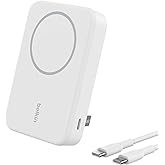 Belkin Portable Charger, Power Bank 10000 mAh w/ Qi2, iPhone Charger - MagSafe Charger w/Built-in Pop-up Kickstand for iPhone 17, Air, Pro, Pro Max, AirPods, Apple Watch, Google Pixel 10, etc - White