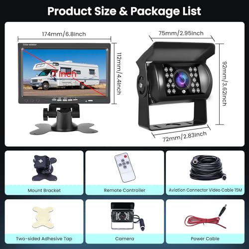 7 Inch HD Reversing Camera Monitor, IP69 Waterproof IR Night Vision Rear View Camera for Truck, Bus, Van, Camper, Pickup, 15M Cable