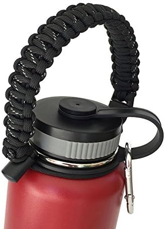 Elemart Hydro Flask Handle - Paracord Survival Strap with Safety Security Ring &amp; Carabiner for Wide Mouth Water Bottles Flasks 12oz - 64 oz (Black/White)