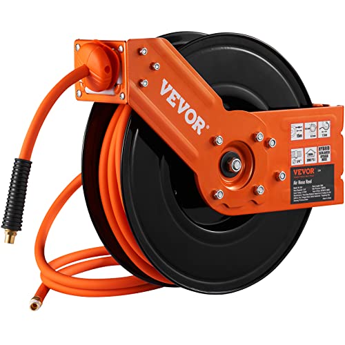 VEVOR RETRACTABLE AIR HOSE REEL, 3/8 IN X 50 FT HYBRID AIR HOSE MAX 300PSI, AIR COMPRESSOR HOSE REEL WITH 5 FT LEAD IN, CEILING/WALL MOUNT HEAVY DUTY SINGLE ARM STEEL REEL