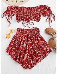 Conjunto de camisa de 2 piezas con hombros descubiertos y pantalones cortos ahumados con estampado floral