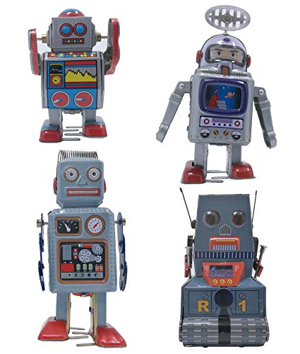 4 pcs tin Toy Robot and Astronaut Collection Retro 80s Vintage windup Metal, Cool Crazy Nerdy Xmas Gift