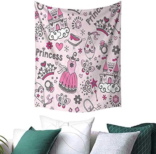 Anshesix Girls Kids Room Decor Tapestry for Bedroom Princess Pop Slipper Icons Fairy Castle Butterfly Heart Wand Diamond Tiara Gift for Sheet/Blanket 54W x 72L INCH