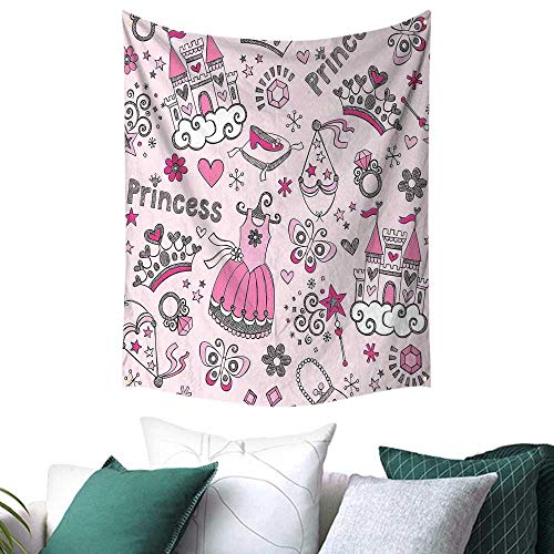 Anshesix Girls Kids Room Decor Tapestry for Bedroom Princess Pop Slipper Icons Fairy Castle Butterfly Heart Wand Diamond Tiara Gift for Sheet/Blanket 54W x 72L INCH
