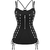 Rgothic Women's Gothic Top PU Lace Up Grommet Skull Zipper V Cut Strappy Solid Cami Tee