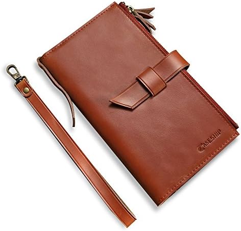 iPhone X iPhone 7/ 8 Plus Wallet Purse Case - Genuine Leather Universal 5.5 inch Super Big Capacity Wallet with 12 Card Slots/ Hand Strap for Galaxy S6/ S7 Edge S8/ S8 Plus S9/ S9 Plus - Red Brown