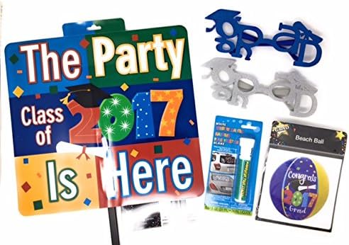 CLASS OF 2017 GRAD Party Starter Pack- 1 Beach Ball, 1 Grad Glasses, 1 Class of 2017 Yard Sign and 1 Window Marker (white)