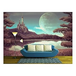 Illustration - Watercolor Fantasy Illustration of a Natural Riverside Lake Forest Landscape - Removable Wall Mural | Self-Adhesive Large Wallpaper - 66x96 inches