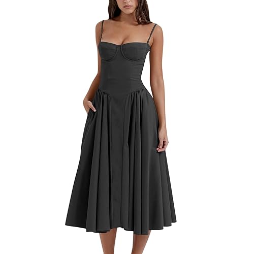 Floral Corset Dress for Women Formal Sleeveless Corset Fit Midi Dress Flowy  Pleated Hem Low Cut