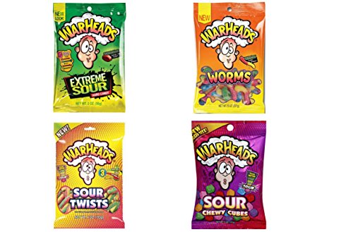 UPC 742415005552, Warheads Sour Candy Peg Bag Variety - Includes Extreme Sour, Worms, Chewy Cubes &amp; Sour Twists - 4 Count 1 Of Each Flavor