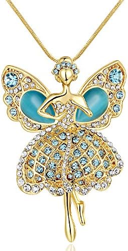 Daughter Long Necklace Multicolor Crystal Elegant Ballerina Cute Dancer Opal Wings Angel Pendant Sweater Chain Necklace For Girl and Women (Blue)