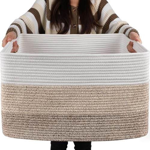 NUIO Canastas Organizadoras, Cesta de Manta Grande 55x43cm, Organizador de Pañales para Bebe, Cesta de Manta de Cuerda de Algodón para Sala de Estar, Lavandería, Guardería, Almohadas (khaki)