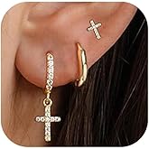 3 Pairs 14K Gold Plated Cross Cubic Zirconia Hoop Earrings Set, Hypoallergenic Cartilage Stud and Dangle Earrings for Women Everyday Jewelry