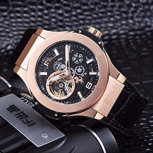 HHGDSB New Men Rose Gold Grey Leather Automatic Mechanical Sapphire Tourbillon Watches Transparent Glass Waterproof Black