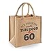 60th Birthday Gift Bag Keepsake for Women Men Novelty Jute 60 Years Old Shopping Tote Size 11.81 x 11.81 x 7.48 inches